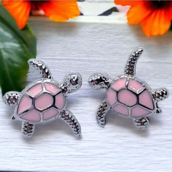 Pink Sea Turtle Earrings Dainty Silver Tortoise Jewelry Nautical Ocean Marine - Picture 1 of 4